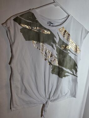 DKNY White Tank with Olive Brushstroke and Gold Foil Accents M